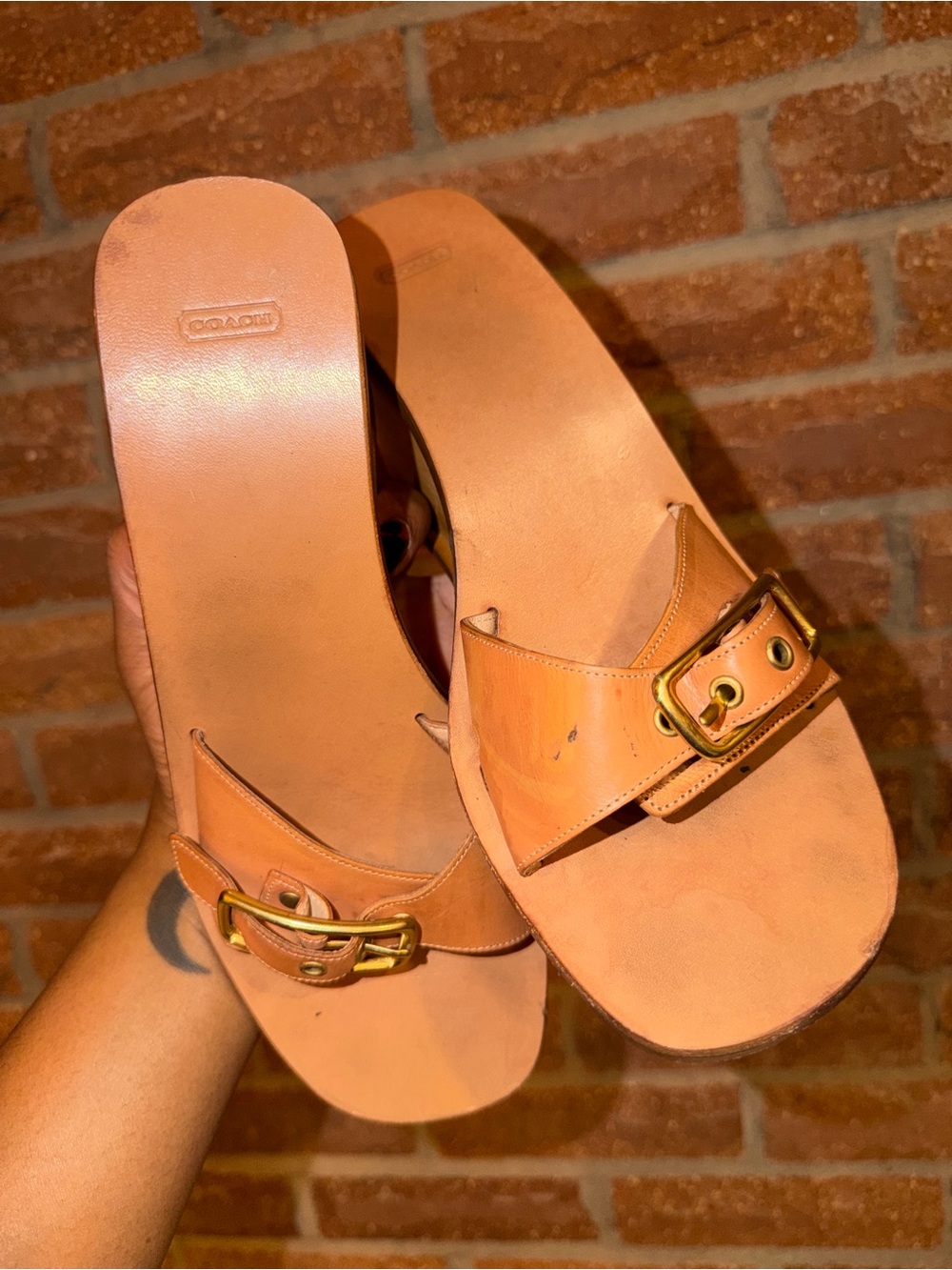 Coach Tan Leather Slide Sandals with Gold Buckle - Women - Picture 11 of 11